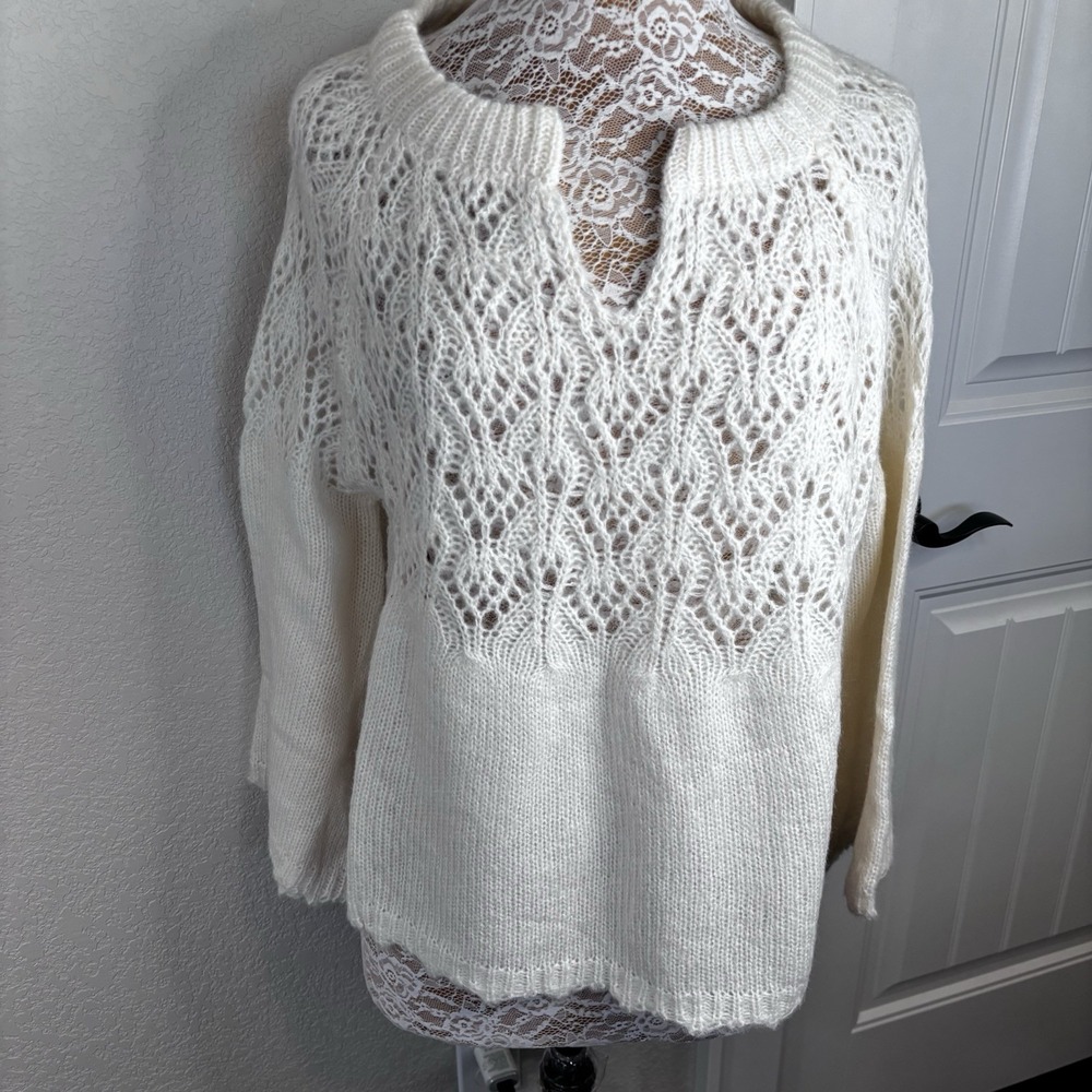 POL Wool Blend Women's Mixed Knit Sweater White Wide Sleeve Cozy Boho Romantic S